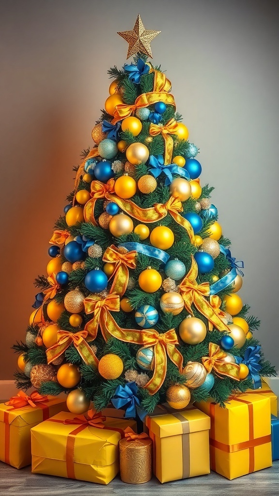 Yellow and Blue Christmas Tree Decoration Ideas A Christmas tree decorated with yellow and blue ornaments and ribbons, surrounded by gifts.
